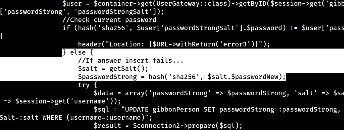 Gibbon passwordReset.php source: the SHA-256 password check and the UPDATE gibbonPerson SET passwordStrong query