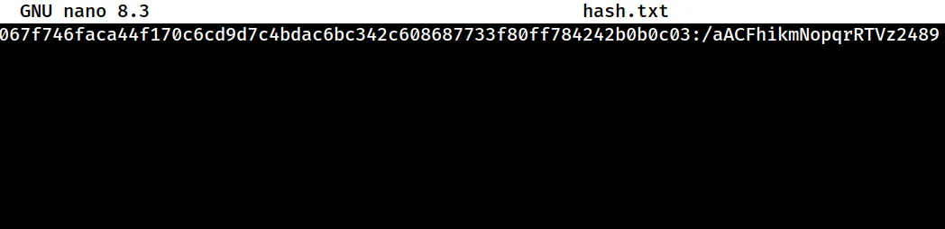 GNU nano hash.txt holding the salted SHA-256 hash in hash:salt format for hashcat