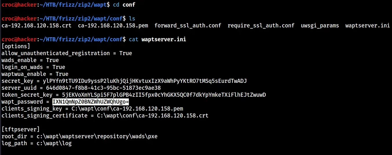 Terminal: cat of WAPT waptserver.ini exposing secret_key, server_uuid, token_secret_key and a base64 wapt_password