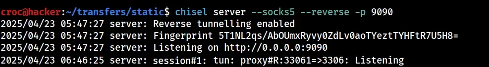 Terminal: chisel server --socks5 --reverse -p 9090 with reverse tunnelling enabled and session#1 forwarding R:33061=>3306
