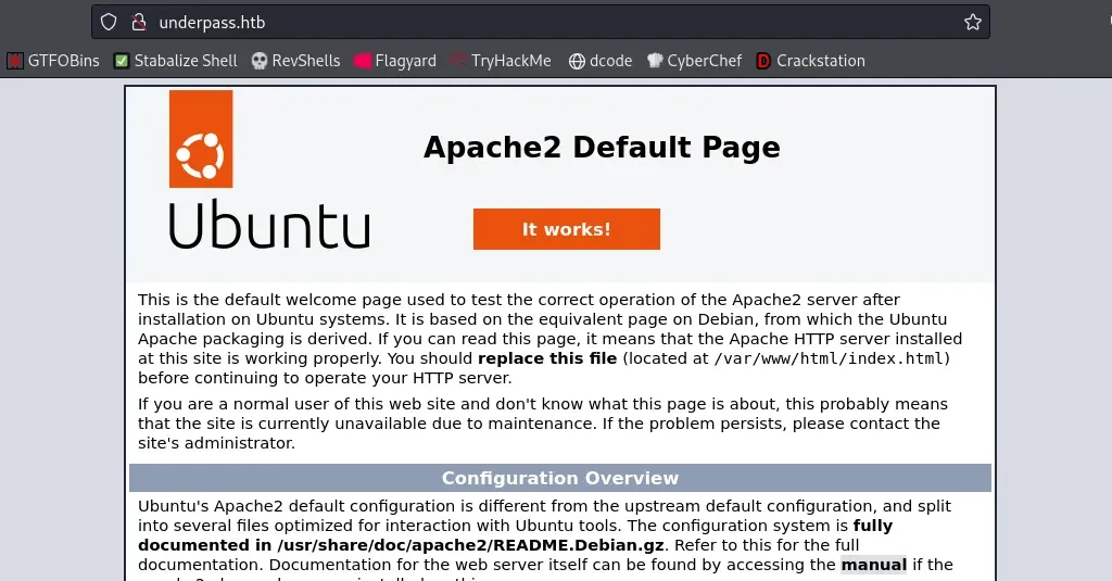 Apache2 Default Page (Ubuntu) served at underpass.htb — the "It works!" placeholder