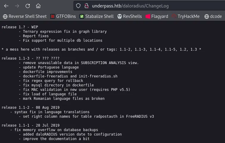 daloRADIUS ChangeLog page listing releases 1.1-1 through 1.3 and WIP notes