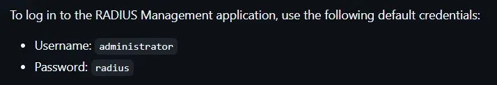 daloRADIUS documentation stating the default RADIUS Management credentials: username administrator, password radius