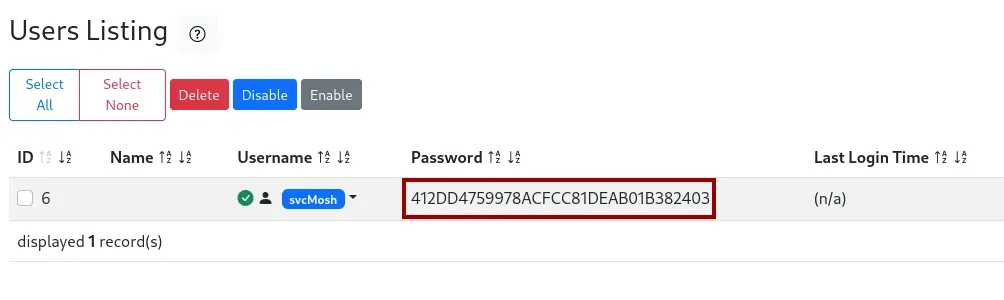 daloRADIUS Users Listing showing user svcMosh with a hashed password 412DD4759978ACFCC81DEAB01B382403