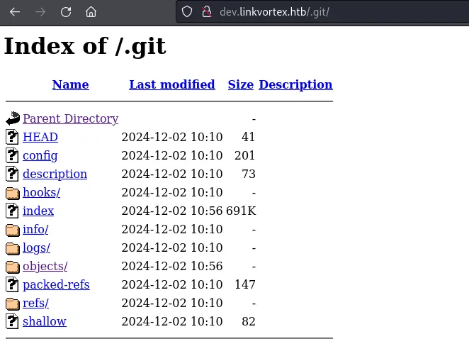 Apache “Index of /.git” directory listing exposed on dev.linkvortex.htb, showing HEAD, config, index, objects/, packed-refs and other Git internals