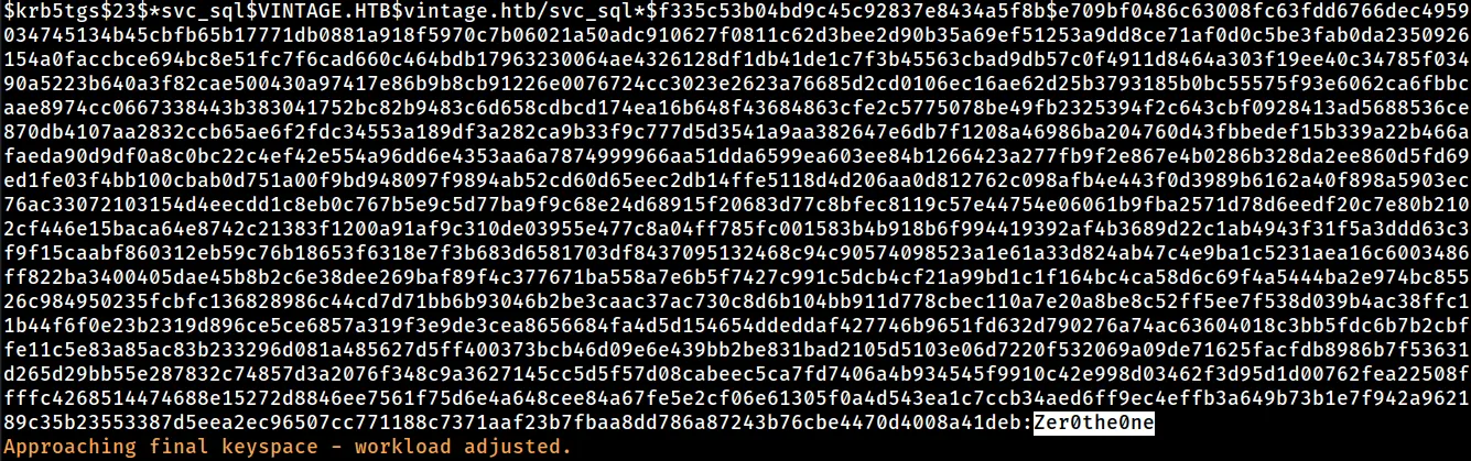 hashcat cracking the svc_sql Kerberos 5 TGS hash for VINTAGE.HTB, recovering the password Zer0the0ne