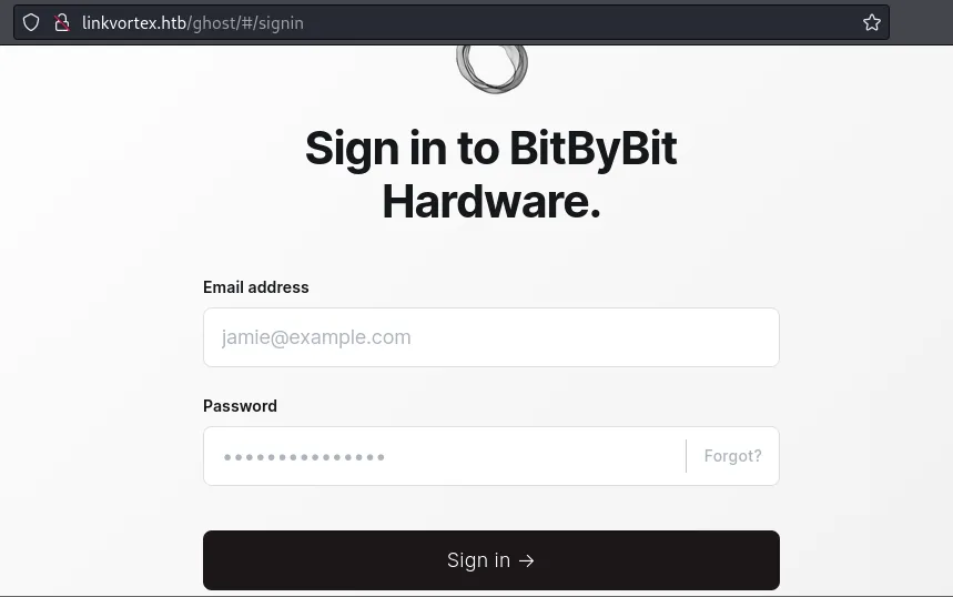 Ghost CMS “Sign in to BitByBit Hardware” login page at linkvortex.htb/ghost/#/signin