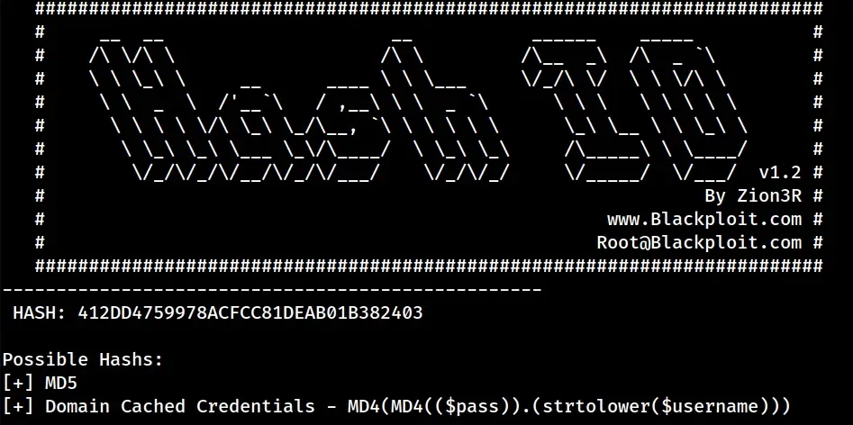 hash-identifier (hashID v1.2) analysing 412DD4759978ACFCC81DEAB01B382403 and suggesting MD5 / Domain Cached Credentials