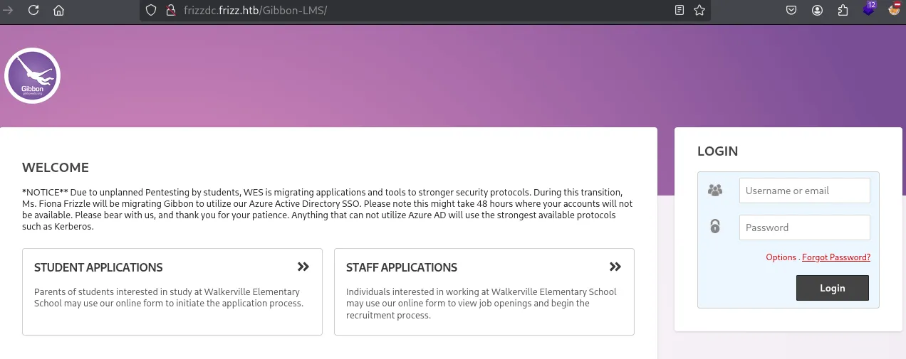 Gibbon LMS login page at frizzdc.frizz.htb/Gibbon-LMS/ with a notice about migrating to Azure AD SSO and Kerberos