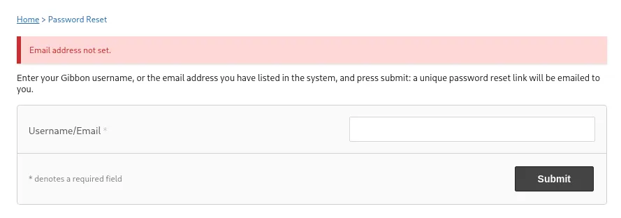 Gibbon Password Reset page showing the error “Email address not set.”