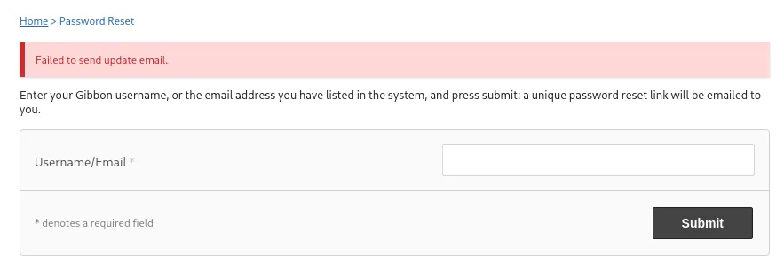 Gibbon Password Reset page showing the error “Failed to send update email.”