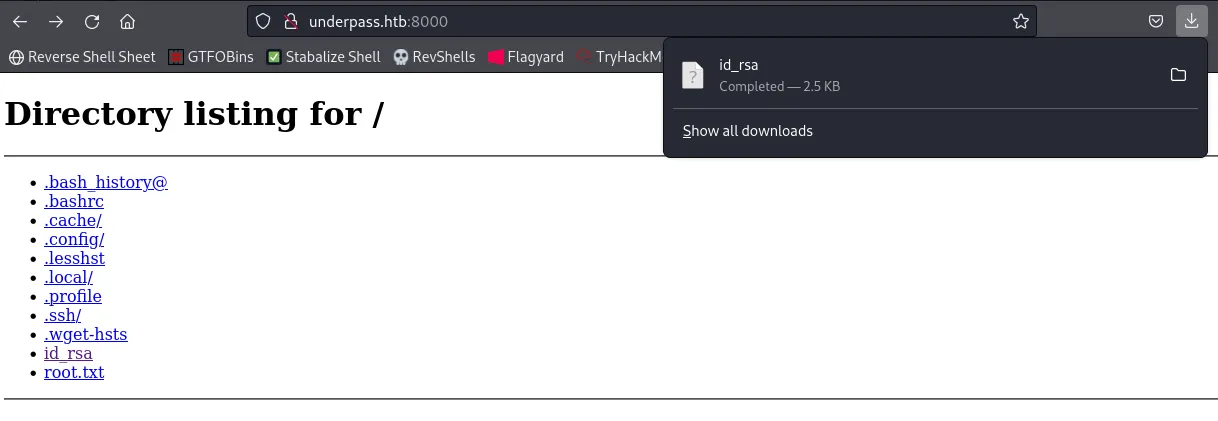 Python SimpleHTTPServer directory listing for / at underpass.htb:8000 exposing .ssh/, id_rsa and root.txt, with id_rsa downloaded