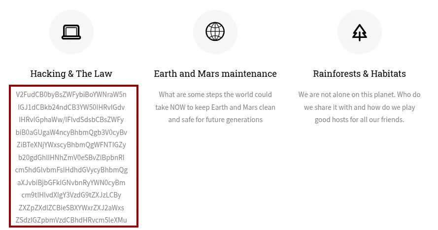 WES page with a base64 blob in the “Hacking & The Law” card alongside “Earth and Mars maintenance” and “Rainforests & Habitats”