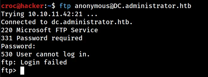 Terminal: anonymous FTP login to dc.administrator.htb fails with 530 “User cannot log in”