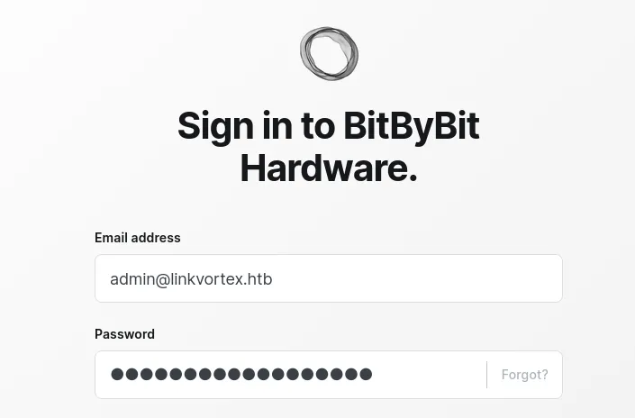 Ghost CMS sign-in form filled with admin@linkvortex.htb and a password, ready to authenticate
