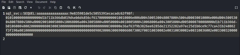 Text editor showing the captured sql_svc Kerberos AS-REP roast hash ($krb5asrep) for SEQUEL.HTB