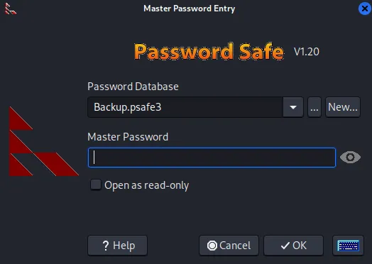 Password Safe v1.20 Master Password Entry dialog for the Backup.psafe3 database, password field empty