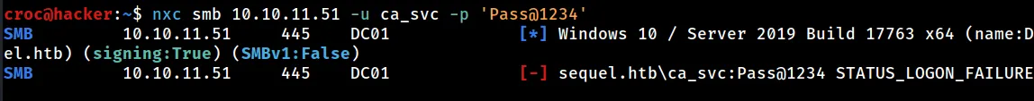 netexec smb against 10.10.11.51 returning STATUS_LOGON_FAILURE for sequel.htbca_svc with password Pass@1234