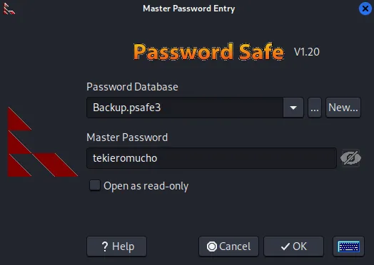 Password Safe v1.20 Master Password Entry for Backup.psafe3 with the master password tekieromucho entered