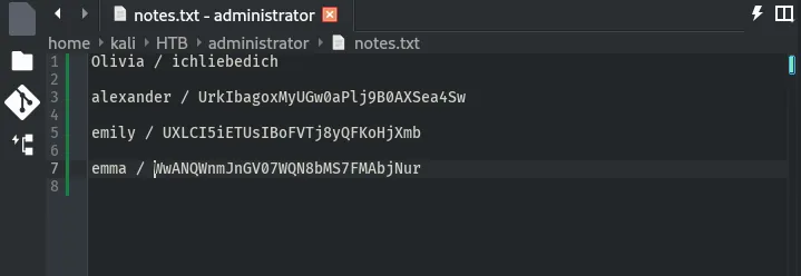 notes.txt in a text editor listing recovered credentials for olivia, alexander, emily and emma