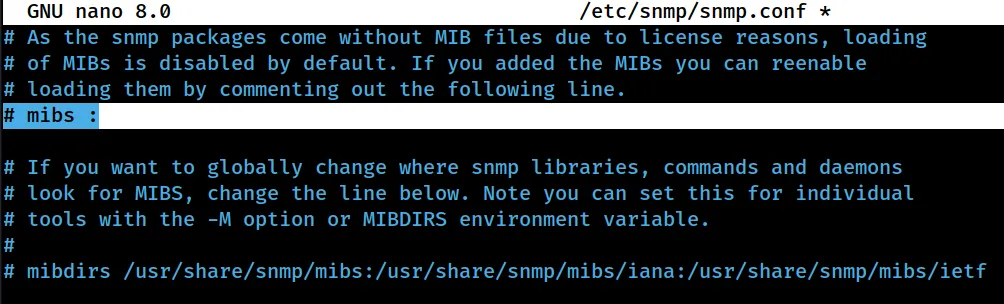 GNU nano editing /etc/snmp/snmp.conf, the default config showing the commented mibs line