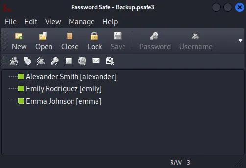 Password Safe Backup.psafe3 opened, listing entries for Alexander Smith [alexander], Emily Rodriguez [emily] and Emma Johnson [emma]