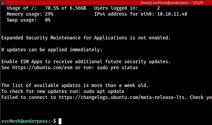 mosh session as svcMosh@underpass showing the Ubuntu MOTD and eth0 IPv4 10.10.11.48