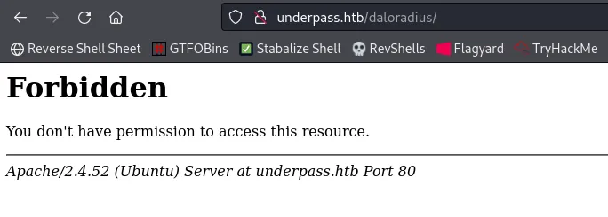 Apache 403 Forbidden page for underpass.htb/daloradius/ (Apache/2.4.52 Ubuntu, port 80)