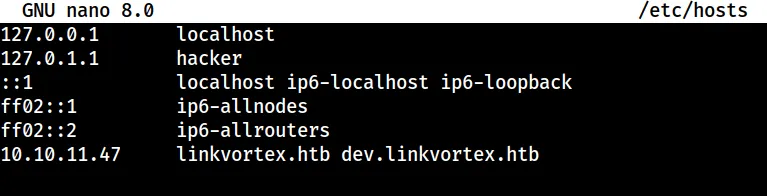 GNU nano editing /etc/hosts, mapping 10.10.11.47 to linkvortex.htb and dev.linkvortex.htb