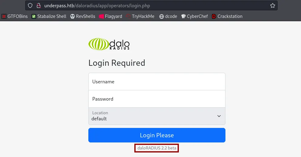 daloRADIUS operator login page at underpass.htb/daloradius/app/operators/login.php, footer showing daloRADIUS 2.2 beta